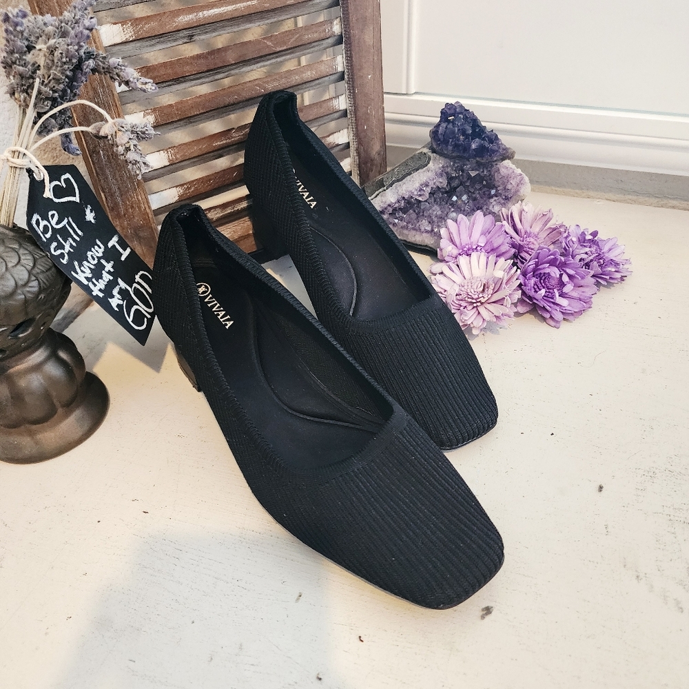 VIVAIA MELODY PUMPS BLACK KNIT FABRIC SQUARE TOE CHINKY BLOCK HEEL SIZE 39 - Picture 8 of 13